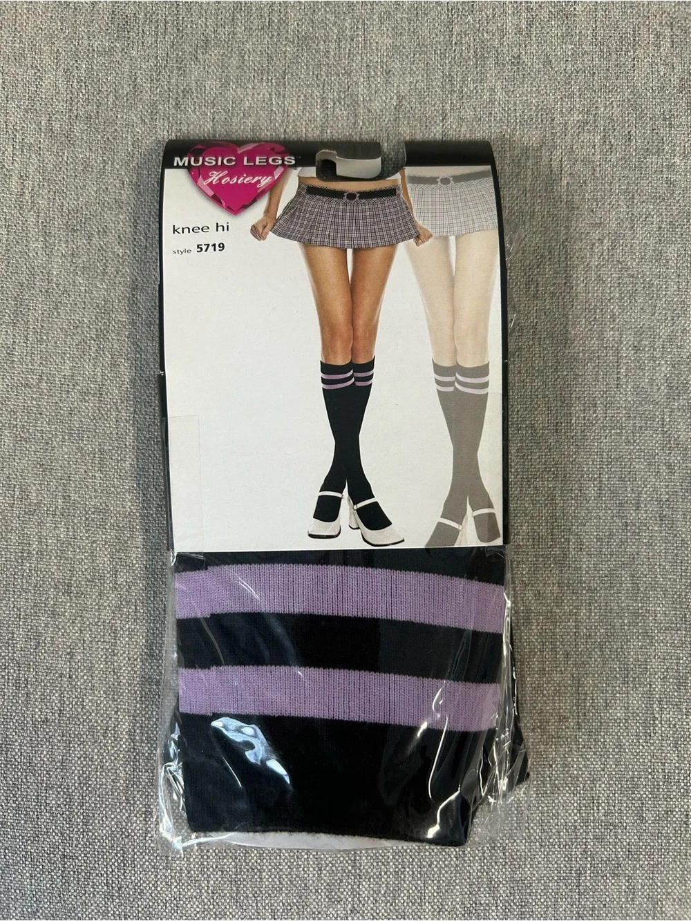 Music Legs Black Knee High Socks with Purple Stripes